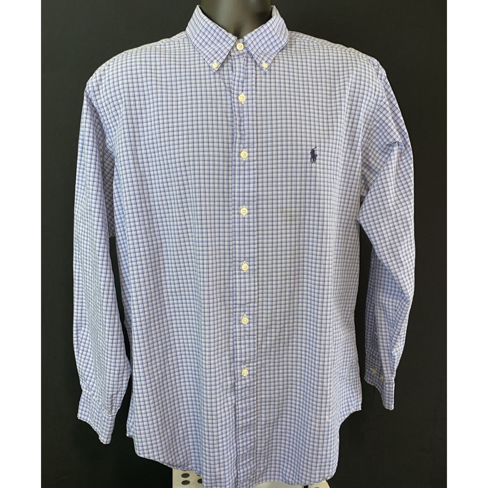 Ralph‎ Lauren Shirt Mens 16.5 34/35 Blue White Plaid Yarmouth Button Down Cotton